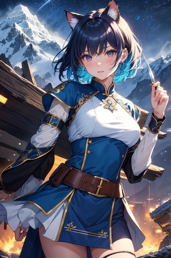beautiful details한 소녀, clear and beautiful, glowing skin, female, no, young, 20 years, Short hair, Short hair, blue gradient hair, ((bright colors, mongolian costume)) beautiful details, warm face, beautiful and delicate eyes, middle 가슴, brown eyes, real skin texture, Very nice 8KCG wallpaper, Very cool 8K CG wallpaper, Watercolor (middle), female warrior, (((cat ears))), (((dark, dark Night, midnight))) (((nature background, mountain, wood))), ((outdoors)), upper body cut, Costume colors are colorful and saturated.., stiff expression, holding a knife. active pose, Dynamic behavior