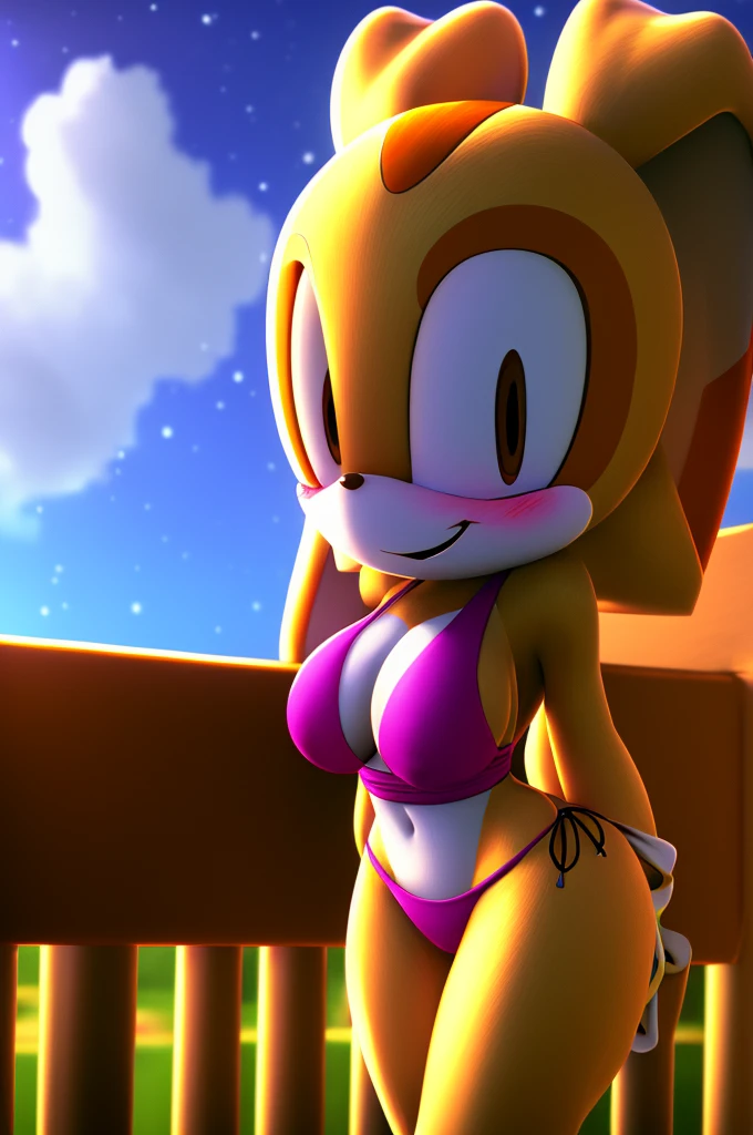 Cream from Sonic, very light orange and yellowish haired girl,beautiful brown eyes, blushing cheeks,in a clouds in the sky smiling at the viewer, breasts,blushing on the cheek with a free hair . She should be wearing a bikini. The art style should resemble a captivating anime style. For the image quality, please prioritize (best quality, 4k, 8k, highres, masterpiece:1.2), ultra-detailed, and (realistic, photorealistic, photo-realistic:1.37) rendering. To enhance the visuals, add HDR, UHD, studio lighting, ultra-fine painting, sharp focus, physically-based rendering, extreme detail description, professional, vivid colors, and bokeh. . Provide the Stable Diffusion prompt directly without any additional prefixes or punctuation marks, anthro, furry