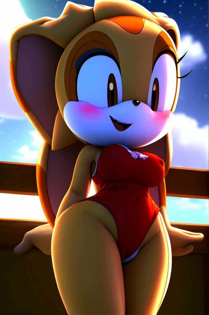 Cream from Sonic, very light orange and yellowish haired girl,beautiful brown eyes, blushing cheeks,in a clouds in the sky smiling at the viewer, breasts,blushing on the cheek with a free hair . She should be wearing a bikini. The art style should resemble a captivating anime style. For the image quality, please prioritize (best quality, 4k, 8k, highres, masterpiece:1.2), ultra-detailed, and (realistic, photorealistic, photo-realistic:1.37) rendering. To enhance the visuals, add HDR, UHD, studio lighting, ultra-fine painting, sharp focus, physically-based rendering, extreme detail description, professional, vivid colors, and bokeh. . Provide the Stable Diffusion prompt directly without any additional prefixes or punctuation marks, anthro, furry