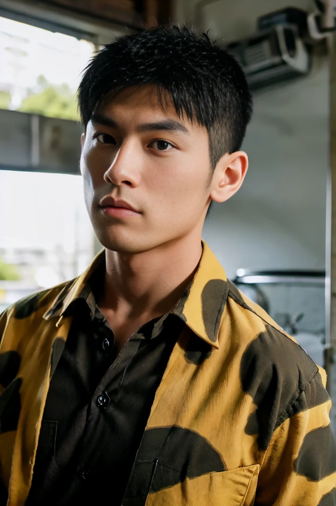 A young Asian man with large muscles looks at the camera. In a dark yellow button-up shirt. , measure , Normal sunlight