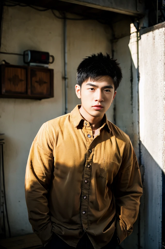 A young Asian man with large muscles looks at the camera. In a dark yellow button-up shirt. , measure , Normal sunlight