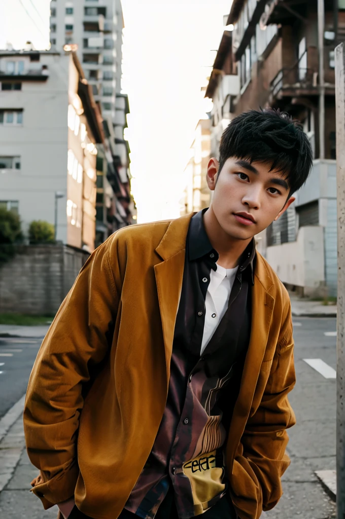 A young Asian man with large muscles looks at the camera. In a dark yellow button-up shirt. , measure , Normal sunlight