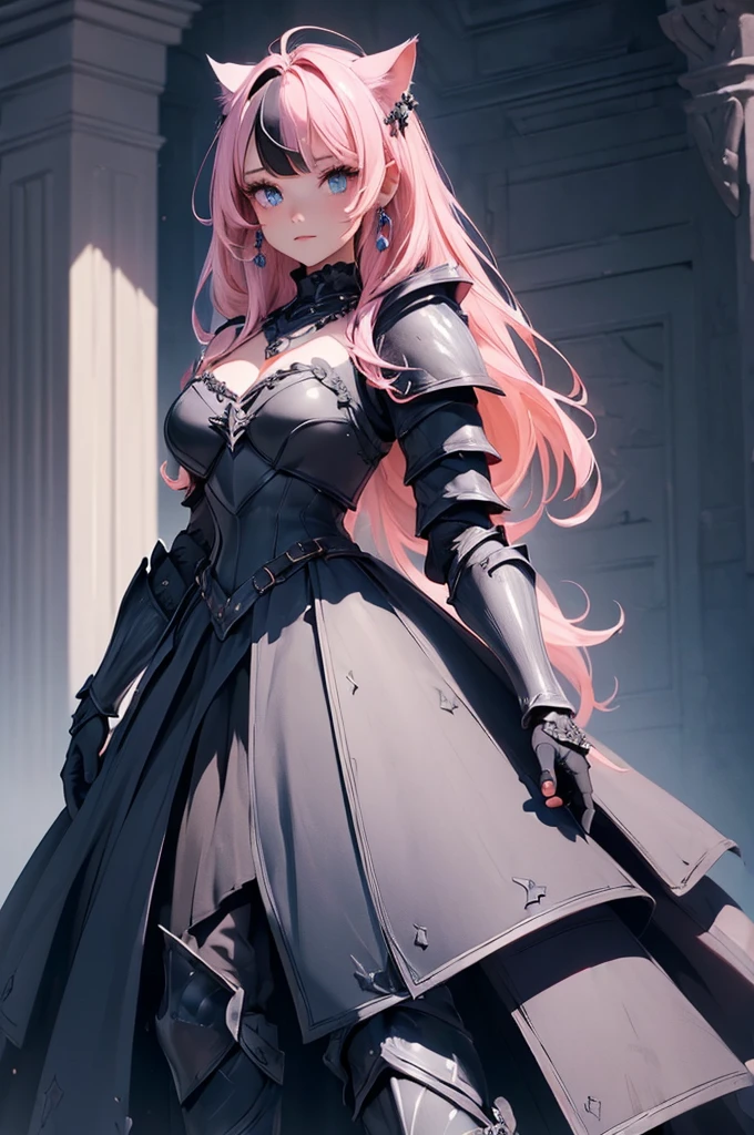 {{{official art}}}, {{solo}}, {Adult}hair strand}, {{medium breasts}}, {cleavage}, {hair ornament}, necklace, earrings, two toned hair:1.3, pink hair (top half), black hair (bottom half) , cat girls, knights armors  cat girl, blue eyes, armor (sexy body),((Detailed dark fantasy armor dress:1.5)),((intricate detailes,detailed dress)), (Beautiful dress in every detail),