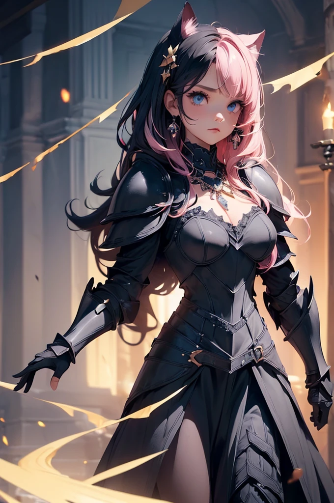 {{{official art}}}, {{solo}}, {Adult}hair strand}, {{medium breasts}}, {cleavage}, {hair ornament}, necklace, earrings, two toned hair:1.3, pink hair (top half), black hair (bottom half) , cat girls, knights armors  cat girl, blue eyes, armor (sexy body),((Detailed dark fantasy armor dress:1.5)),((intricate detailes,detailed dress)), (Beautiful dress in every detail),