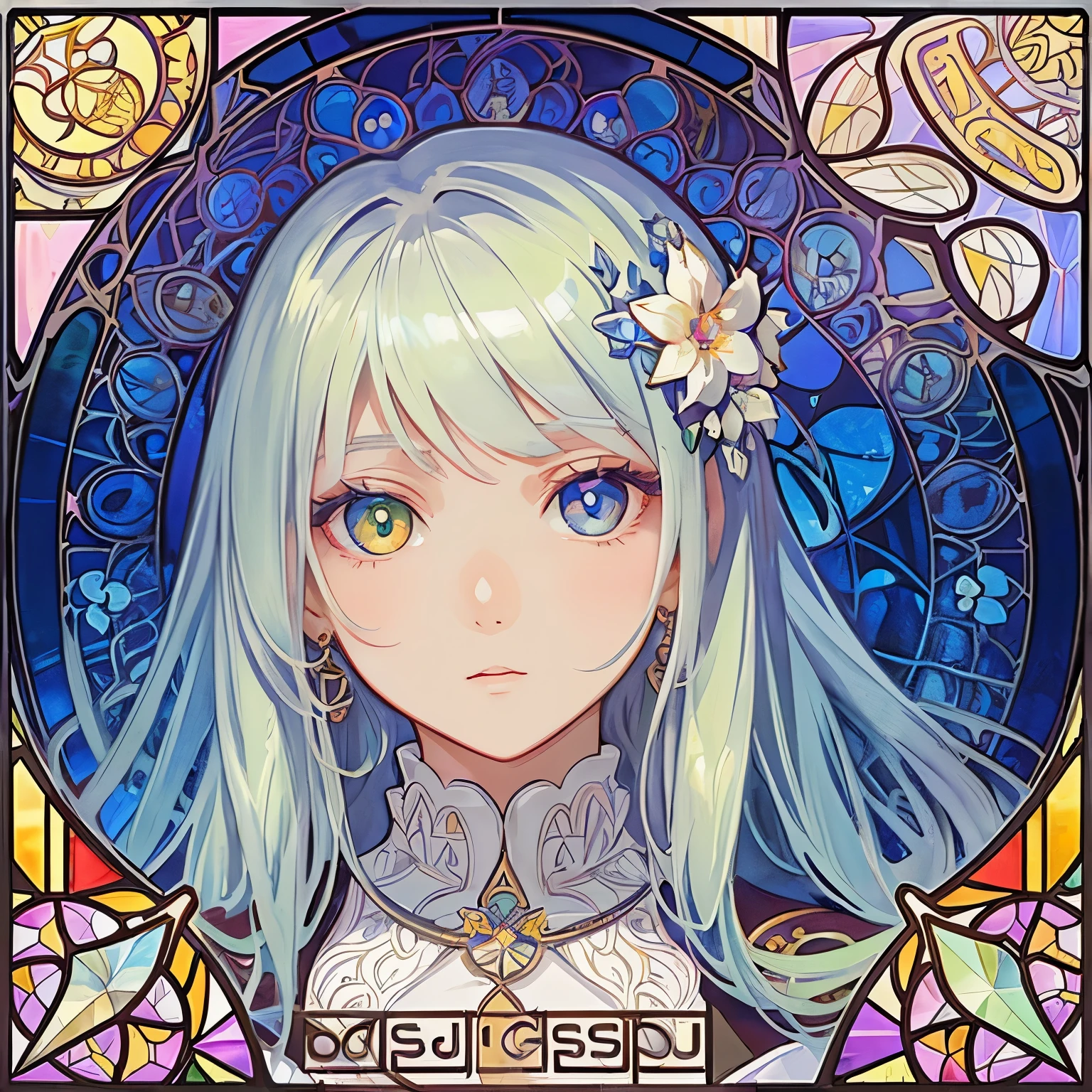 1 girl, (masterpiece, highest quality, highest quality, beautiful and aesthetic: 1.2), (1 girl: 1.3), flower jewelry, delicate clothing, square picture frame, ((face)), sharp pupils, Arabic style, gorgeous hair ornament, ((Gradient Hair)), cool face, Transparent and beautiful stained glass background, Alphonse Mucha, heterochromia