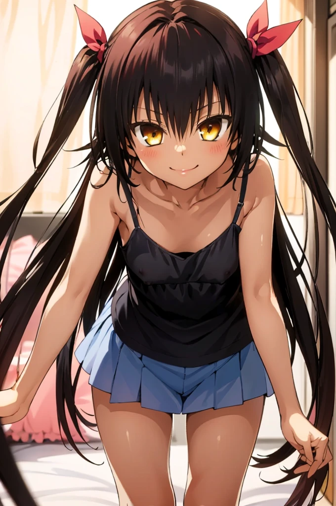 1girl, aster nemesis, dark-skinned female, black hair, very long hair, yellow eyes, flat chest , twin tails, looking at viewer, , smile,,my room,,nsfw,,,camisole,leaning forward