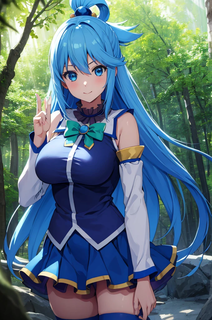 (masterpiece:1.3), (best quality:1.1), (8k, ultra detailed, ultra high res:1.2), ((anime style)), perfect 5 fingers, perfect anatomy, 
1girl,
Aqua \(konosuba\),
long hair, single hair ring, 
blue hair, 
(blue eyes:1.2), (beatiful detailed eyes:1.2), smile, dynamic pose, heart hands, ((mystical atmosphere)), 
green bow, 
medium breasts, 
BREAK blue shirt, blue skirt, white thighhighs, bare shoulders, detached sleeves, 
looking at viewer, 
cowboy shot, 
standing, 
natural light, outdoor, forest, sky, 