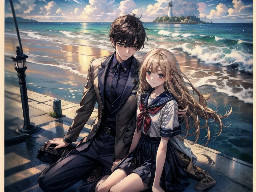 ((最high quality, 8K, masterpiece: 1.3, Ultra HD, high quality, 最high quality, High resolution, realism)) 、Two people、Two peopleの女子、Very beautiful 18 year old Japanese schoolgirl、I'm wearing a sailor suit、Wearing a navy blue pleated skirt、Wear loafers、Hair  is light brown、black eye、Medium Hair、Straight hair、smile、sit on a high breakwater on the beach、The blue sky is beautiful、There is a road in front of the breakwater..、The sea is beautiful、Beautiful horizon、 An island is visible offshore、Entering the clouds above the horizon、Island Lighthouse