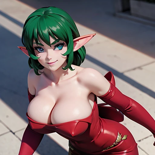  ((masterpiece,best quality,ultra-delicate,Perfect Face,16k,high resolution,very beautiful girl)),medium short green hair, seductive pose,Red strapless bodycon tube dress ,Red long arm sleeves,red high heels,Elf Girl,huge Breasts,blue eyes,Beautiful smile,20 years old