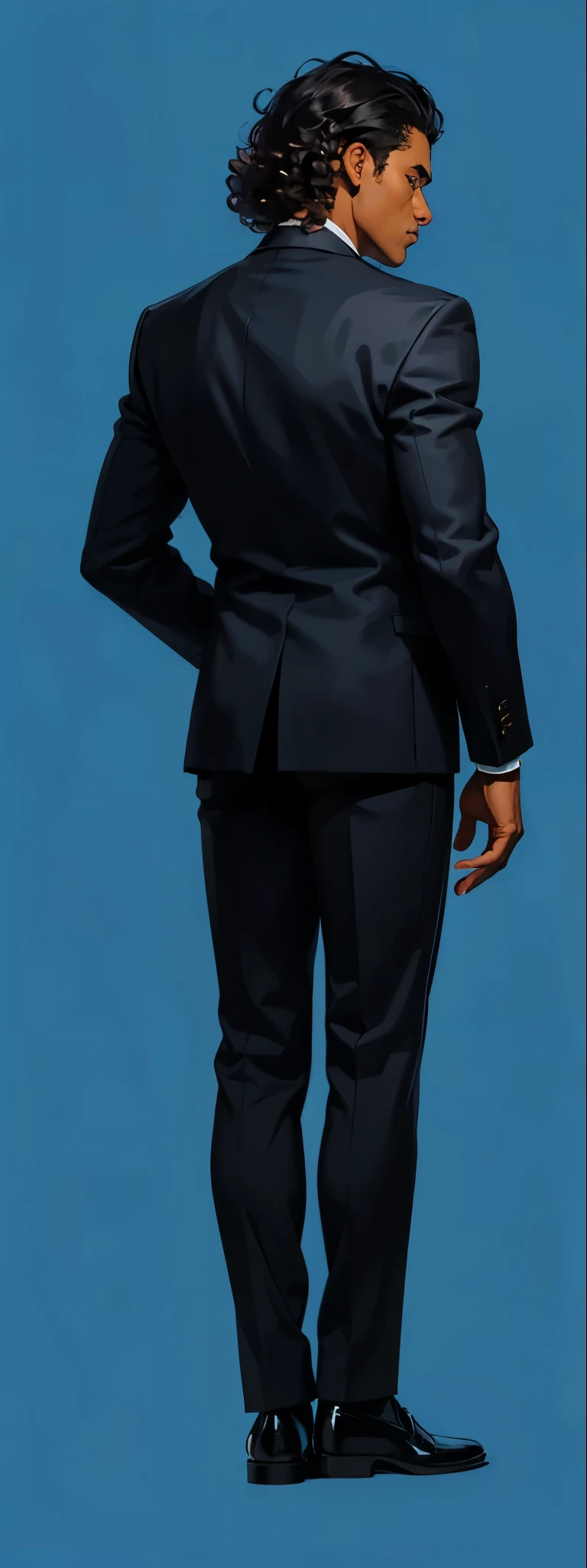 dark skin, A man stands with his back , black suit, curly hair
