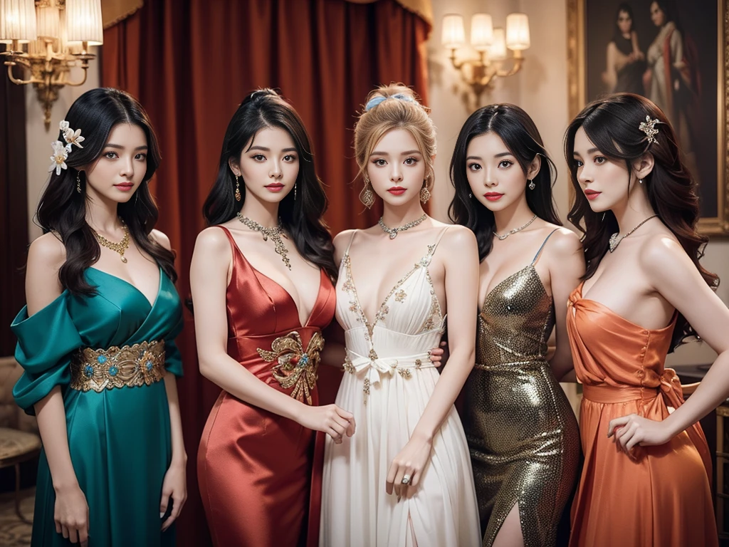 Three Girls, length_hair, bright_hair_color, Fascinating_eye, mysterious_Performance, Mature Woman_exterior, glamorous_Costume, Flowing_dress, elegant_jewelry, complicated_Decoration, magic_symbol, Shine_accessories, Portion, Scroll, cute_accent, bow, ribbon, Flowers,A tiny bit of cleavage is visible,sexy