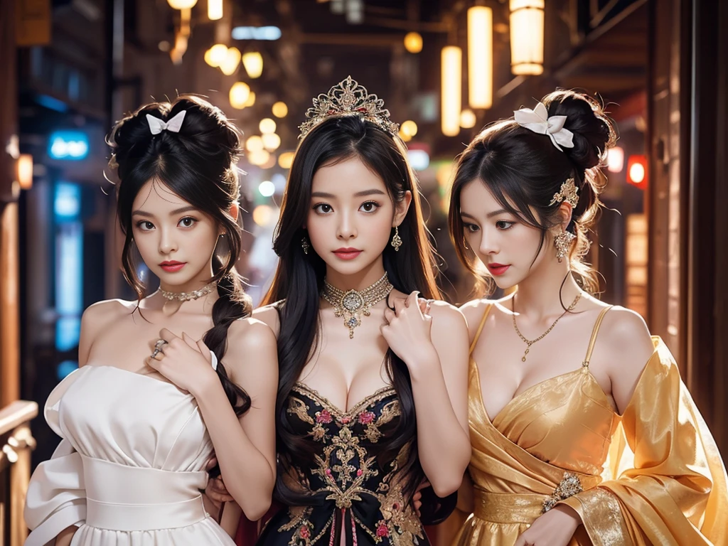 Three Girls, length_hair, bright_hair_color, Fascinating_eye, mysterious_Performance, Mature Woman_exterior, glamorous_Costume, Flowing_dress, elegant_jewelry, complicated_Decoration, magic_symbol, Shine_accessories, Portion, Scroll, cute_accent, bow, ribbon, Flowers,A tiny bit of cleavage is visible,sexy