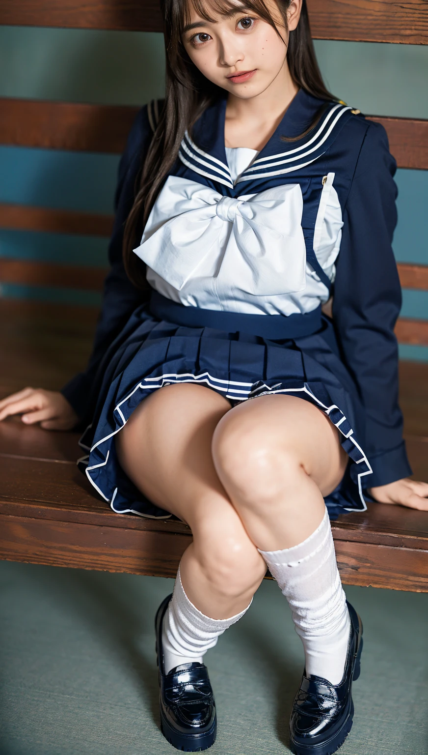 ((highest quality、8k、masterpiece:1.3)),((((fullbody shot)))),Ultra-high resolution,big eyes,Japanese,bangs,(a girl),(1 girl),((20 years old)),((facing at viewer)),((looking at viewer)),(long hair),(((black sailor uniform))),grin,((sitting)),(pleated mini skirt),(((platform shoes)))