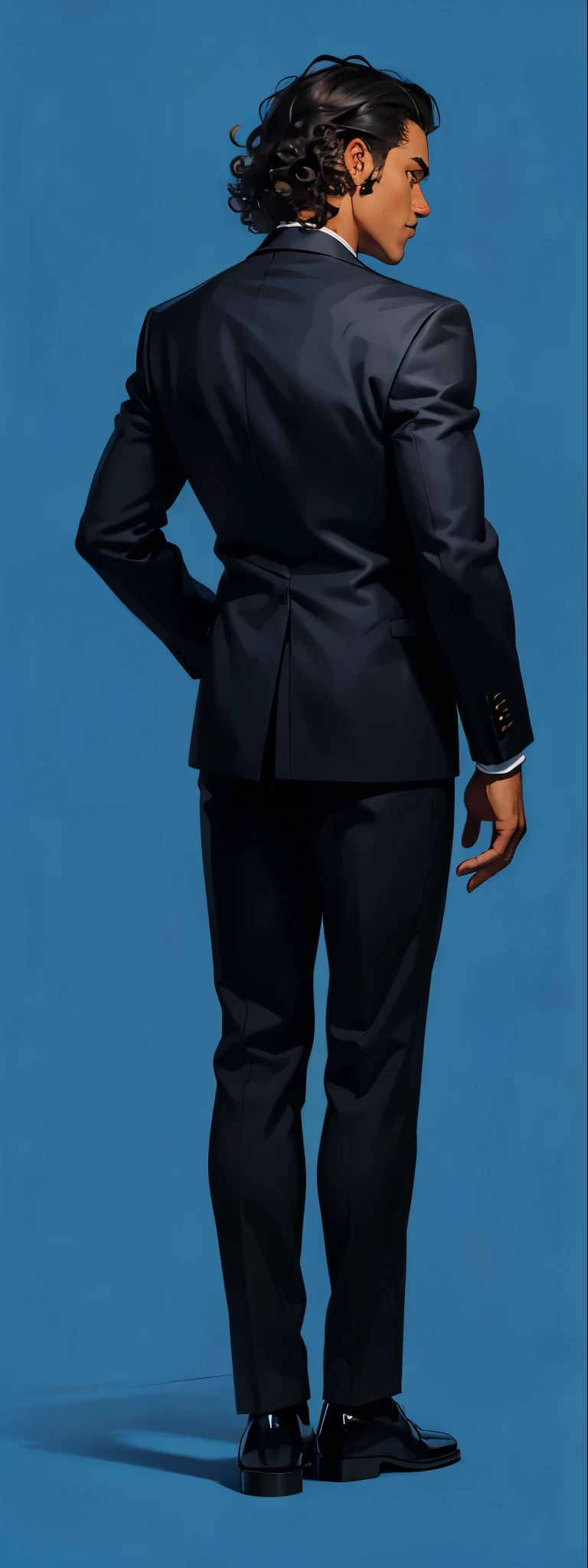 dark skin, A man stands with his back , black suit, curly hair