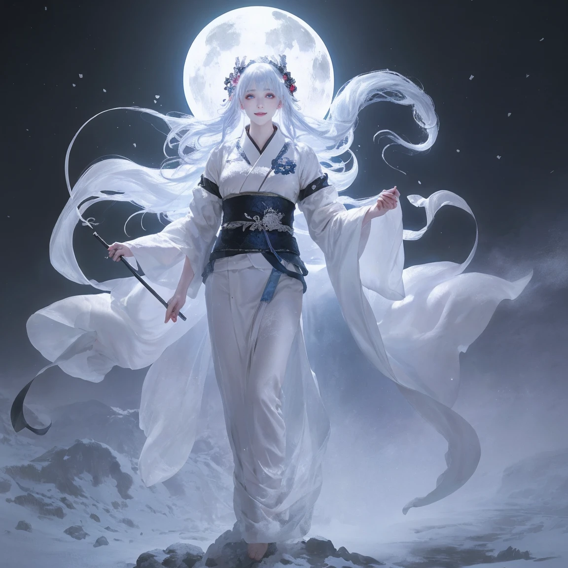 A chilling scene featuring the infamous Japanese yokai, Yuki-onna. She is a spectral figure with long, flowing black hair and a pale, ghostly complexion. Her piercing, icy blue eyes stand out against her white, translucent skin. Yuki-onna wears a traditional white kimono that blends seamlessly with the snowy landscape around her. The setting is a dark, snow-covered forest, with twisted, barren trees and a hauntingly quiet atmosphere. The moon casts an eerie glow on the scene, adding to the unsettling feeling. Snowflakes drift gently, yet there is a sense of foreboding as if the air itself is filled with her icy breath. The overall mood should be one of fear and unease, capturing the sinister and otherworldly essence of Yuki-onna.