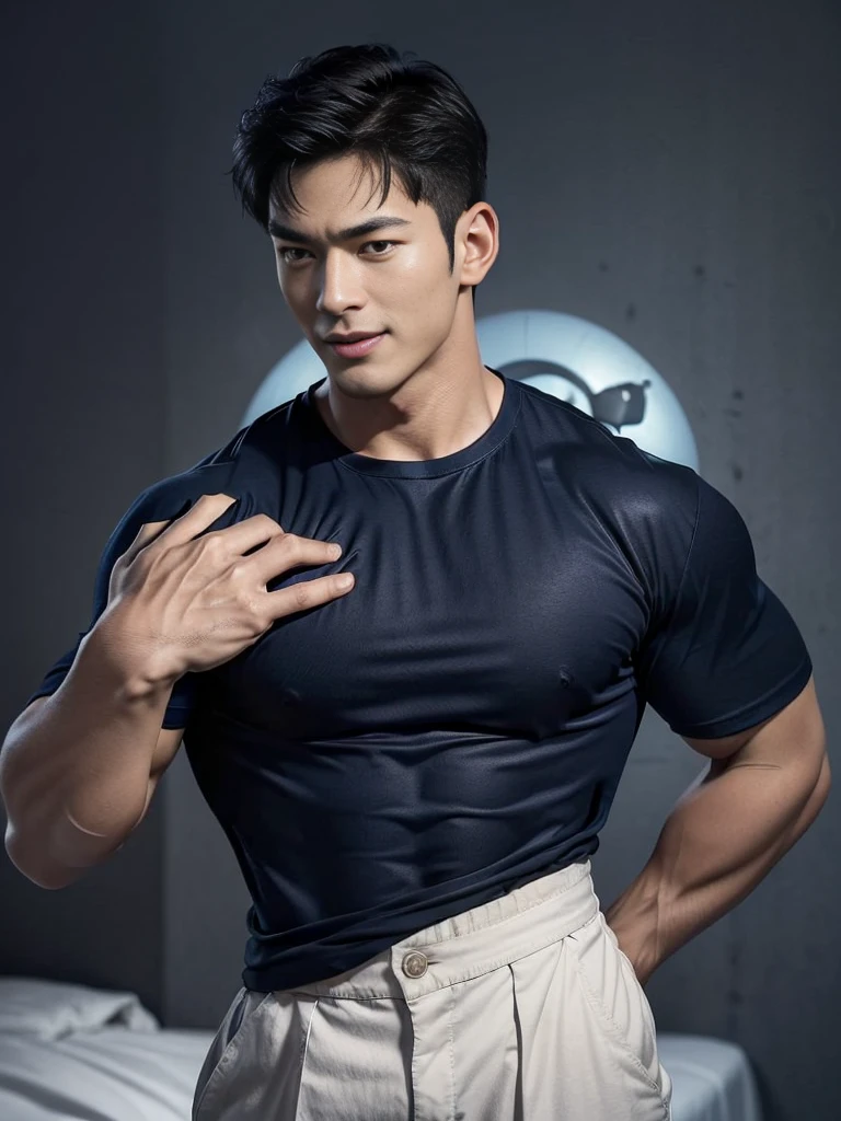 (Create a masterpiece: 1.2),(CGI art:1.3),(realistic:1.5),(After processing:1.3), (Sharp focus:1.3), 1 man, open mouth, smile, (Navy blue round neck shirt:1.3), Navy cargo pants, Korean guy , korean men, (High gloss details), chest muscles, large arm muscles, blood vessel, Big muscles, Broad shoulders, looking at the audience, Balancing the eyes, bedroom