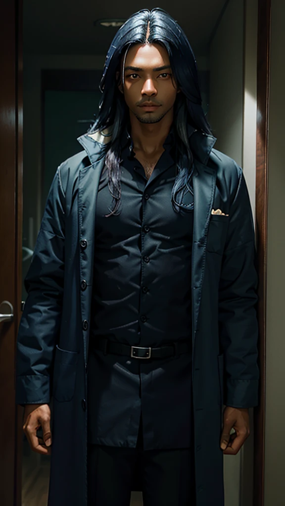 Dark-skinned man, Long dark blue hair, doctor coat, strong, Green Eyes