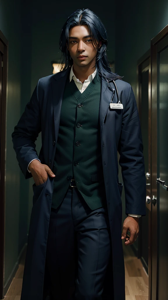 Dark-skinned man, Long dark blue hair, doctor coat, strong, Green Eyes