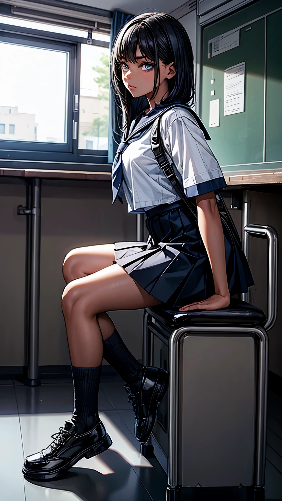 (From right side2.0),beautiful detailed eyes, beautiful detailed lips, extremely detailed eyes and face, longeyelashes, 1 girl, face close up, inside the school, inside the classroom, , sweat, dark skin color, (very short black hair),displeased, sulky, sailor suit, dark blue color, white shirts, short sleeve, school, dark blue skirt, black skirt, high socks, sneaker, school bag, best quality, 4k, 8k, highres, masterpiece:1.2, ultra-detailed, realistic, photorealistic, photo-realistic:1.37, HDR, UHD, studio lighting, ultra-fine painting, sharp focus, physically-based rendering, extreme detail description, professional, vivid colors, bokeh, portraits