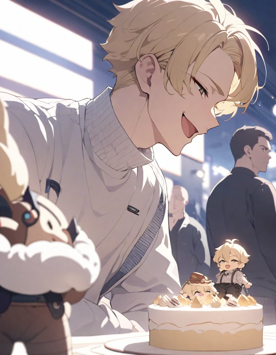 masterpiece，Highest quality，Super detailed，figure，Delicate and detailed，Intricate details，Cinematic Light，Highest qualityのバックライト，1 male, Short fluffy blonde hair, head tilted back, smile, Handsome, Open your mouth, Smug eyes, cool illustration, Street style clothing, birthday,Waiting for the start while stuffing cake into my mouth 

