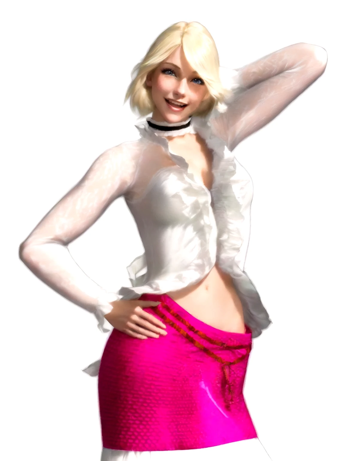 six poses of an European girl, pale blonde hair, blue eyes, swedish, as a character in Out Run 2, of SEGA, 3D CG from the 2000s, Jennifer, 2k, 2 k, slightly open mouth as to say "hey", realistic, render of april, fighting game character, nina from tekken, cold and a bit sexy, v from devil may cry, (positively surprised smile),