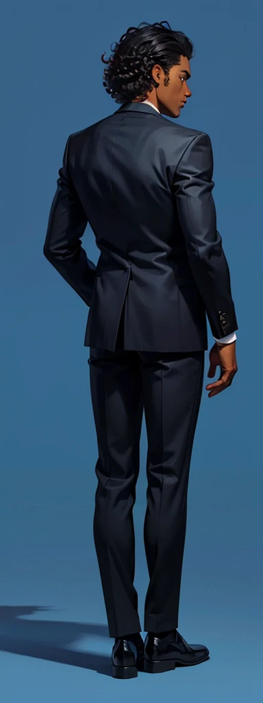 dark skin, A man stands with his back , black suit, curly hair