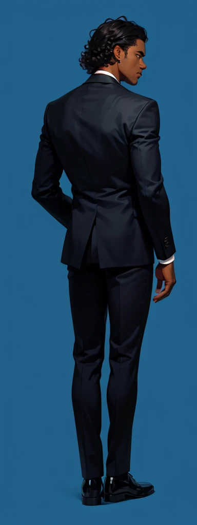 dark skin, A man stands with his back , black suit, curly hair