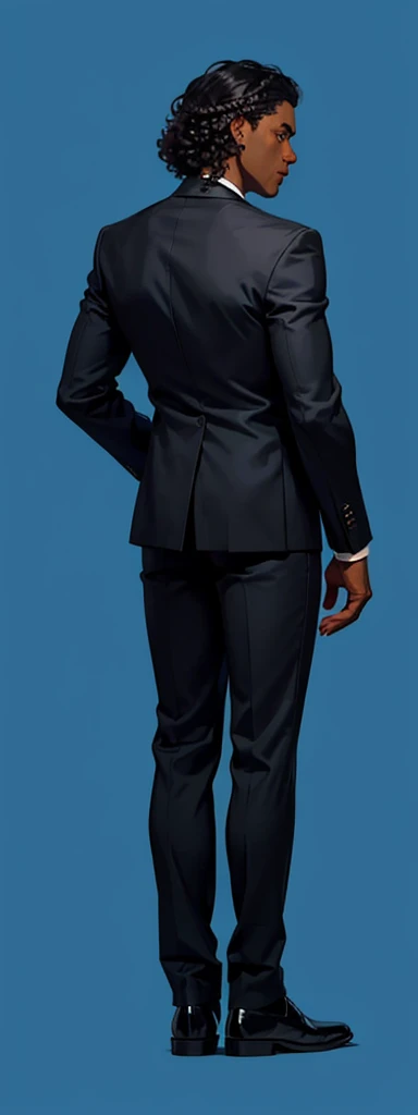 dark skin, A man stands with his back , black suit, curly hair