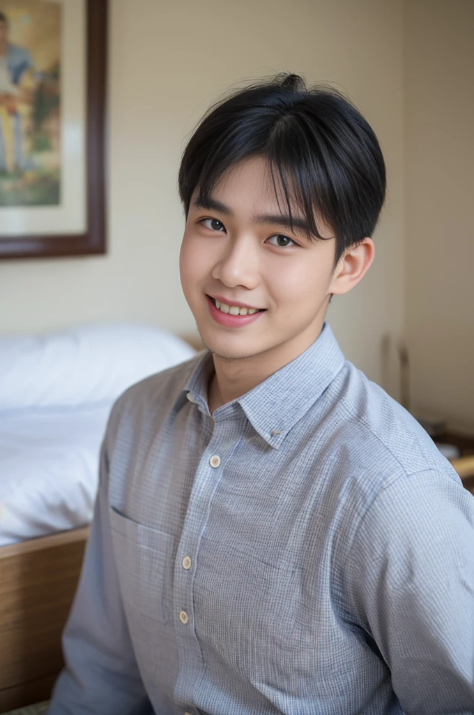 ((Highest quality, 8K, Masterpiece: 1.3))、Thailand Laos Burma Asia, Thai man, A handsome Asian rugby player with short hair, a muscular beard, and big muscles., 1A man who has、 yo、Good appearance、Beautiful nose、smile、 Detailed eyes and face、beautiful light、(studio)、high resolution、(Look at the viewer.)、Fine mouth、smile、whole body: 1.5, perfect shape: 1.3, looking at camera ,Gray button-down shirt , bedroom sunlight looking at the sea