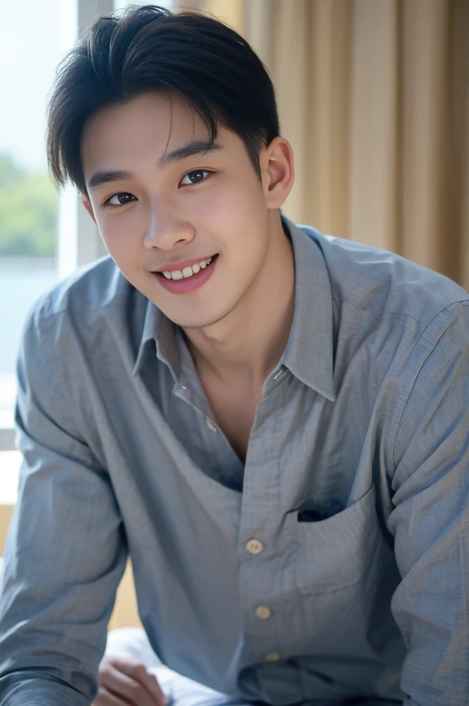 ((Highest quality, 8K, Masterpiece: 1.3))、Thailand Laos Burma Asia, Thai man, A handsome Asian rugby player with short hair, a muscular beard, and big muscles., １A man who has、 yo、Good appearance、Beautiful nose、smile、 Detailed eyes and face、beautiful light、(studio)、high resolution、（Look at the viewer.）、Fine mouth、smile、whole body: 1.5, perfect shape: 1.3, looking at camera ,Gray button-down shirt , bedroom sunlight looking at the sea