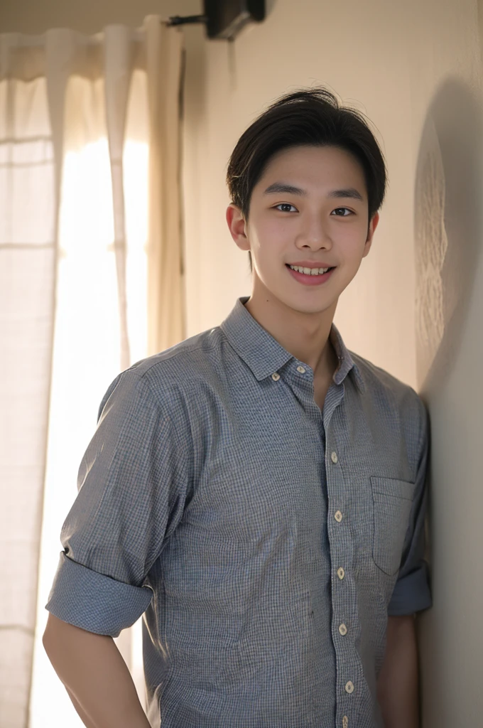 ((Highest quality, 8K, Masterpiece: 1.3))、Thailand Laos Burma Asia, Thai man, A handsome Asian rugby player with short hair, a muscular beard, and big muscles., 1A man who has、 yo、Good appearance、Beautiful nose、smile、 Detailed eyes and face、beautiful light、(studio)、high resolution、(Look at the viewer.)、Fine mouth、smile、whole body: 1.5, perfect shape: 1.3, looking at camera ,Gray on-down shirt , bedroom sunlight looking at the sea