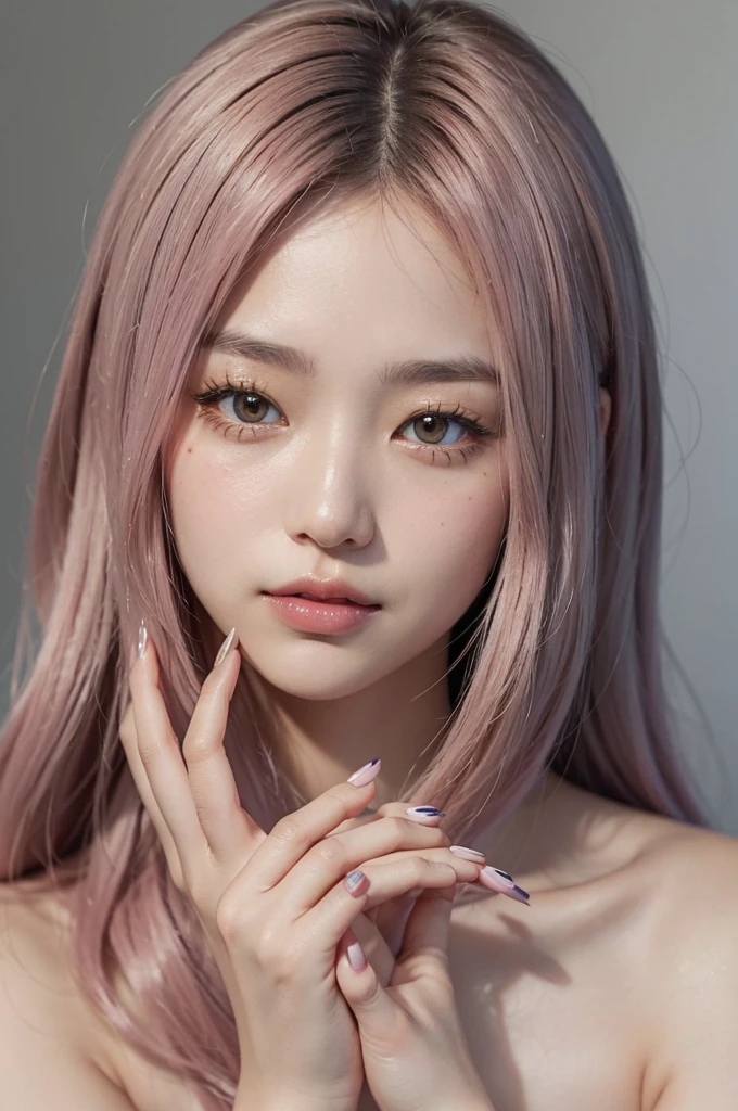 A close-up portrait of a Japanese woman in a studio setting, with beautifully styled light-colored hair and makeup. She has dusty pink nail polish on her nails, which are clearly visible as her hand gently touches her cheek. Her hand is elegantly positioned with