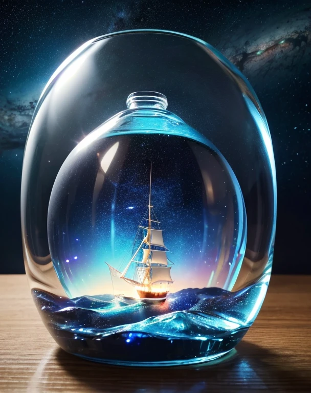 (Highest qualityのディテール:1.2, Realistic, 8K Ultra HD, High resolution、 Highest quality, Super detailed, 超High resolution)、(masterpiece),(Japanese),Clear transparent bottle、Space ship sailing in a bottle、A beautiful Milky Way in a bottle,Cute Woman,１７age、Fantastic、Fantasy、mysterious、romantic