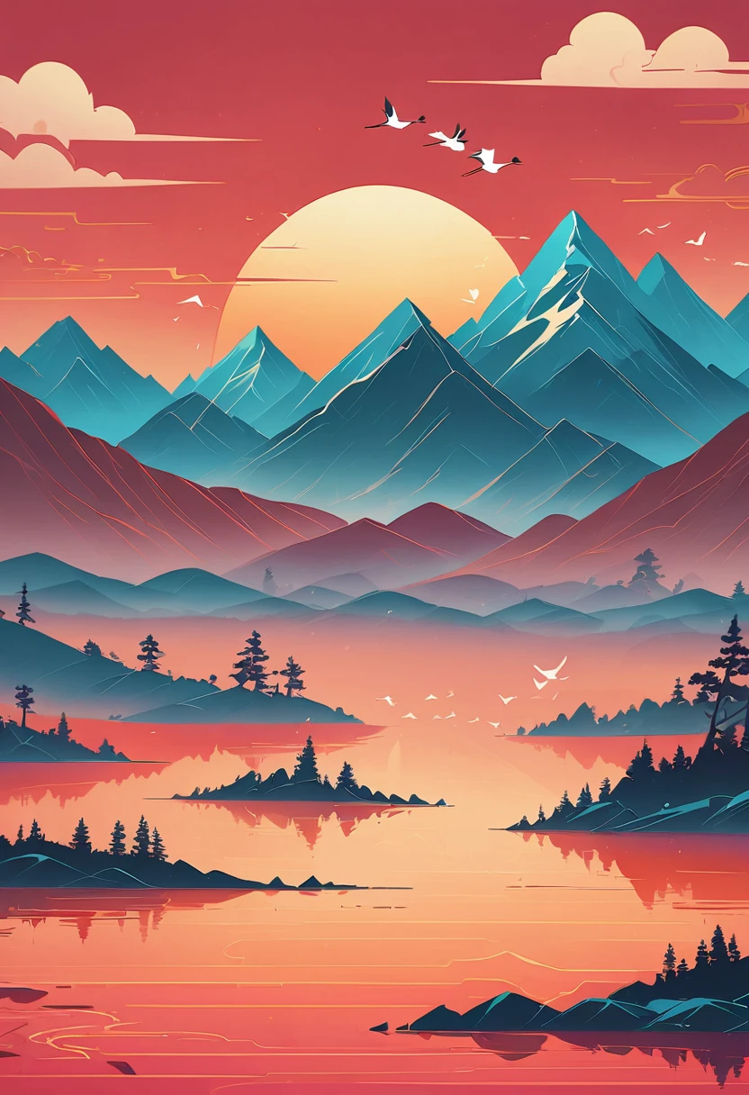 pine，Thousand Miles of Rivers and Mountains，Flying cranes，Lacquer、Comfort、Mountains，Gold Leaf，The minimalist composition of Chinese landscape painting、Red sky pure color