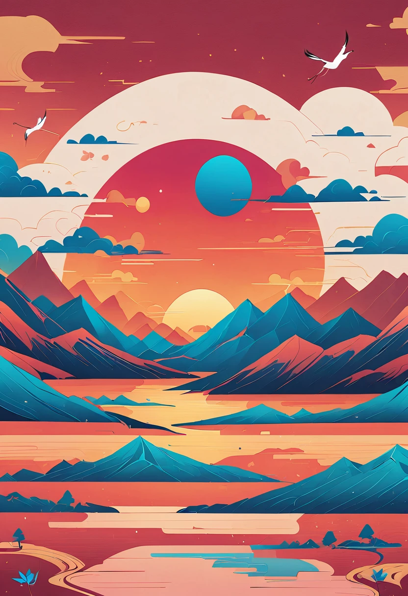 pine，Thousand Miles of Rivers and Mountains，Flying cranes，Lacquer、Comfort、Mountains，Gold Leaf，The minimalist composition of Chinese landscape painting、Red sky pure color