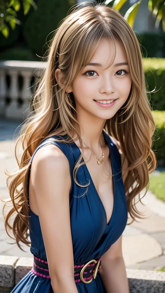 Highest quality、Highest quality、.Sexy Big 、Sexy cute looks and cute  beautiful girl, beautiful and sexy face、Blonde long wavy hair、beautiful, Cute and sexy eyes 、one piece、smile