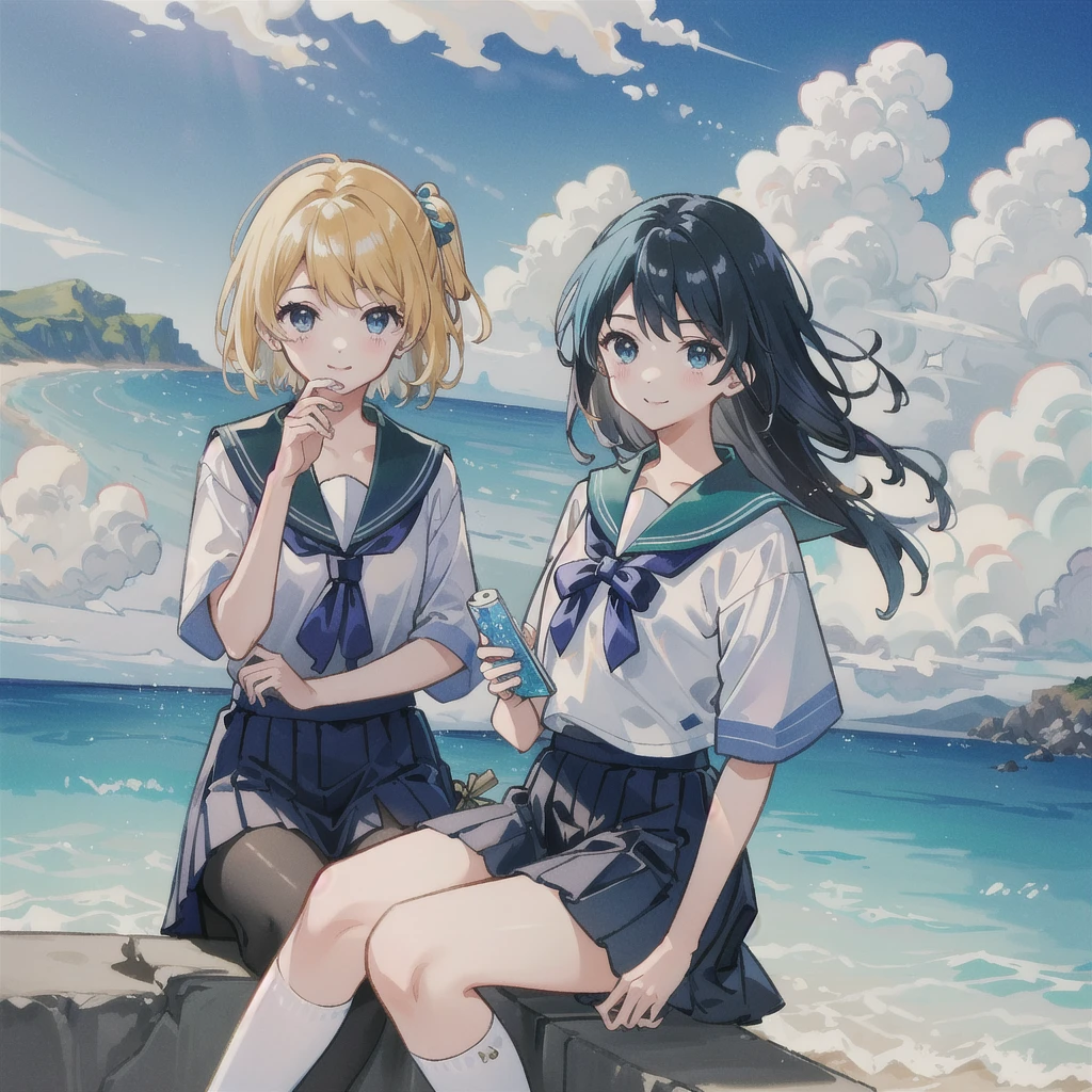 ((最high quality, 8K, masterpiece: 1.3, Ultra HD, high quality, 最high quality, High resolution, realism)) 、Two people、Two peopleの女子、Very beautiful 18 year old Japanese schoolgirl、I'm wearing a sailor suit、Wearing a navy blue pleated skirt、Wear loafers、Hair is light brown、black eye、Medium Hair、Straight hair、smile、sit on a high breakwater on the beach、The blue sky is beautiful、There is a road in front of the breakwater..、The sea is beautiful、Beautiful horizon、 An island is visible offshore、Entering the clouds above the horizon、Island Lighthouse