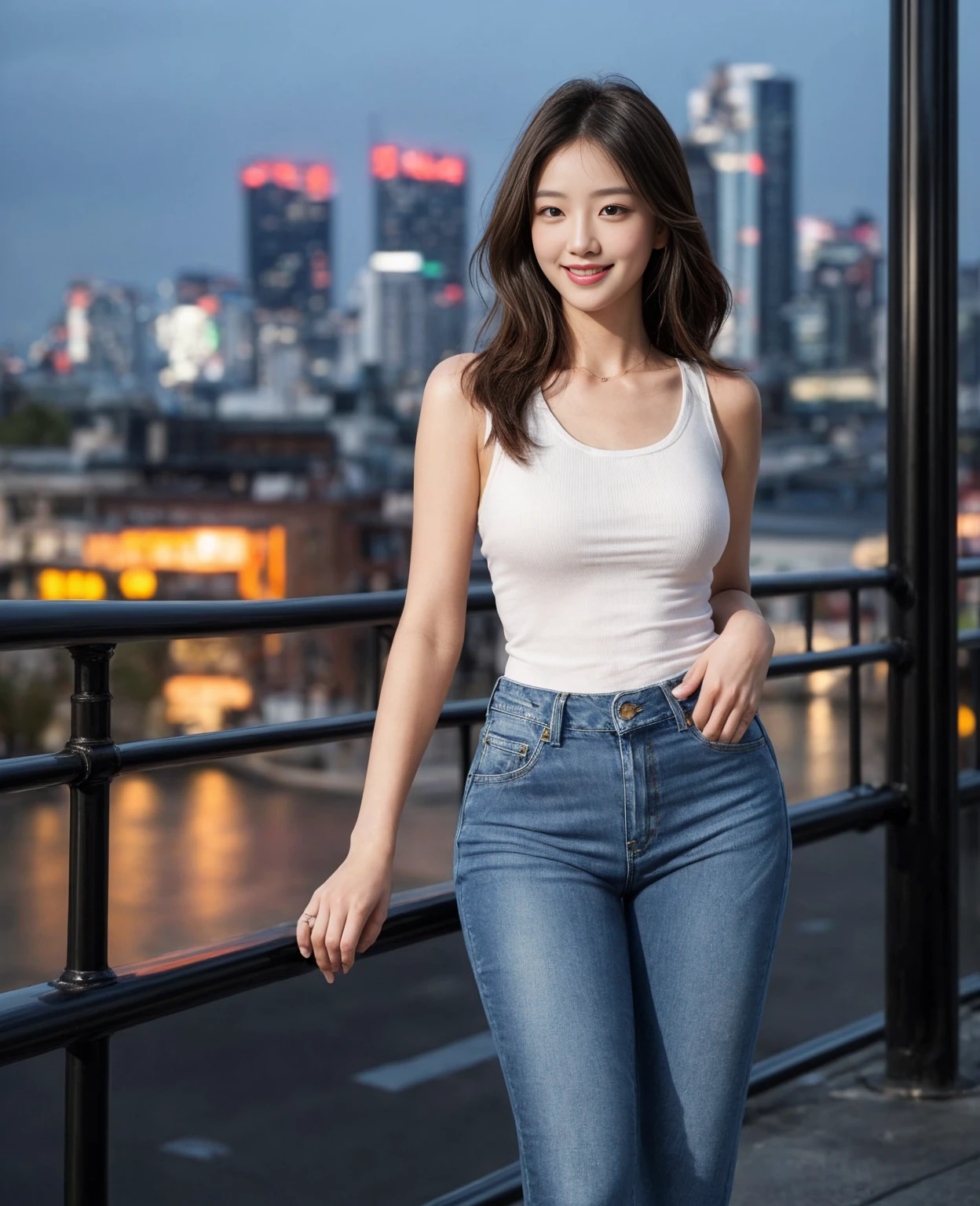 masterpiece、Mastepiece、girl、Random hairstyle、Clear eyes、Smiling at the audience、Perfect proportions、full body shot、Random clothes、Sexy pose、The background is the cityscape