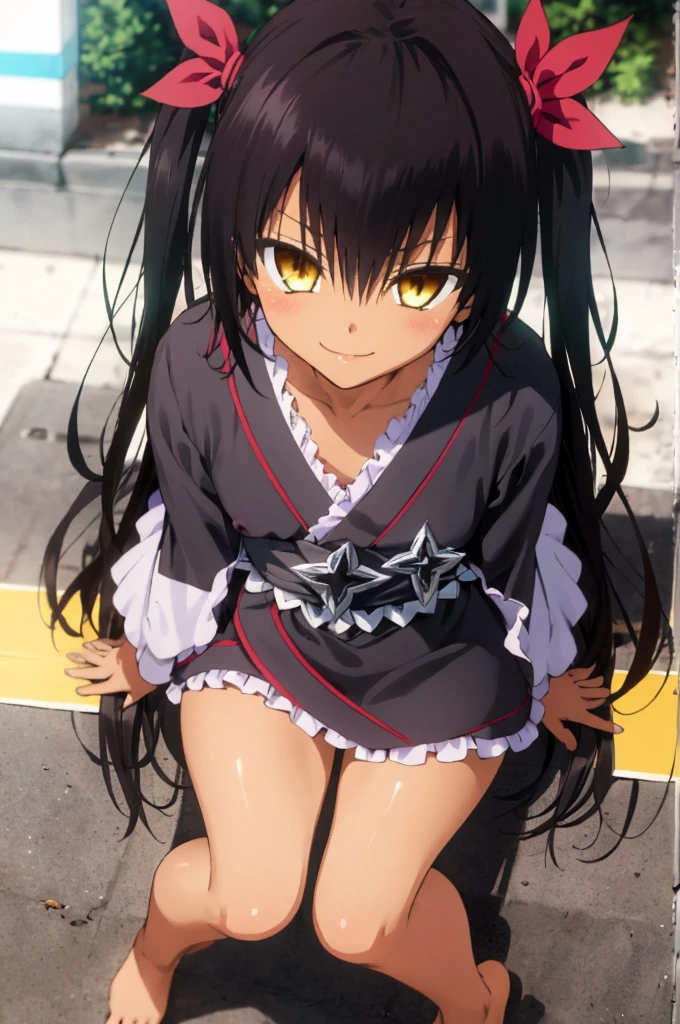 1girl, aster nemesis, dark-skinned female, black hair, very long hair, yellow eyes, flat chest kimono, obi, ribbon, twin tails, looking at viewer, outdoors, city, night, smile, ,sitting on ground,,(nsfw),8yo,bare foot,from above