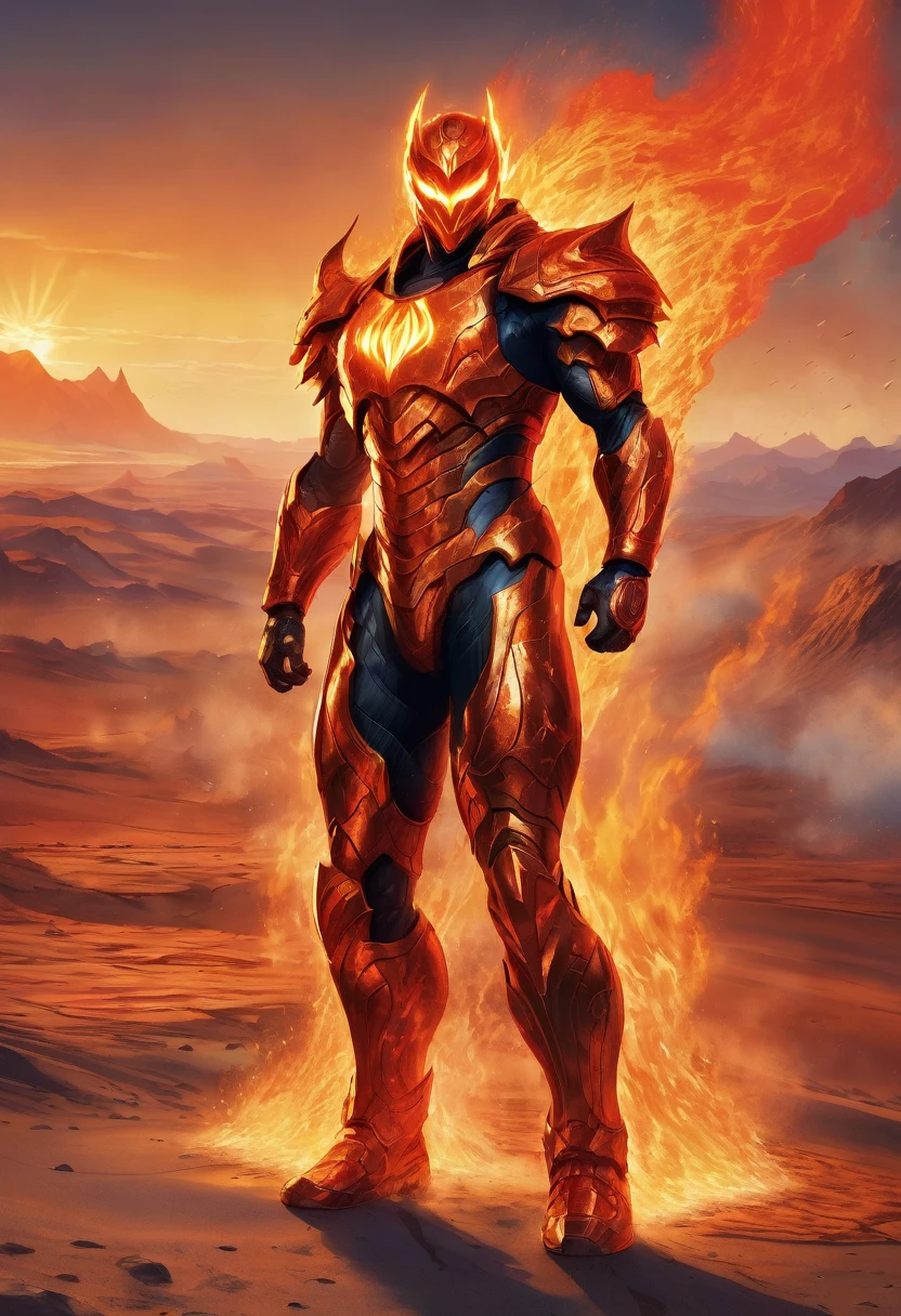 A superhero with a fiery appearance, their body covered in molten lava armor. They stand in a desert landscape, with waves of heat distortion in the background. The ground cracks beneath their feet, and their eyes burn with intense heat, ready to unleash the power of the sun