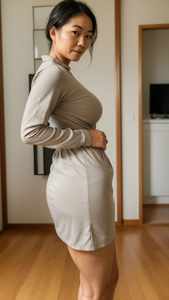 ((best quality)), ((masterpiece)), ((realistic)), 30-years-old, a Japanese woman, short girl, sweeping the floor, short black hair, mopping with bare hands, wearing transparent long sleeves grey Plizkated Suit dress, fitted dress, long skirt, fit body, saggy breast, enormous hips, big ass, thick thight, ass show, housekeeping, side view