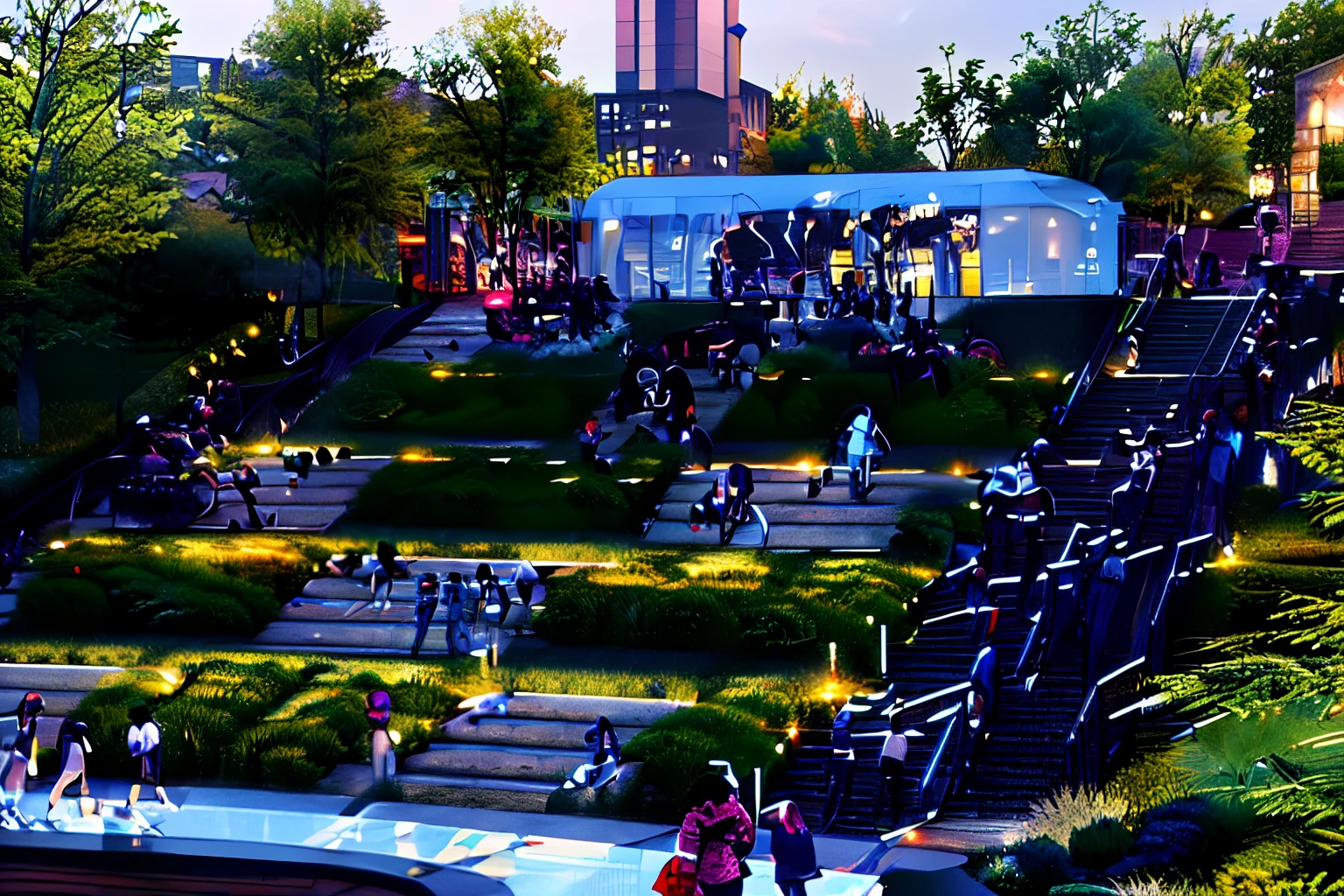 People walking in the park，In the background is a clock tower, People enjoying the performance, an outdoor festival stage, Parks and public spaces, Summer environment, A lot of people, photo courtesy museum of art, evening, Absolutely outstanding image, Artist unknown, Instagram photos, 夏日的evening, Filmed in the early 2020s, evening黄昏