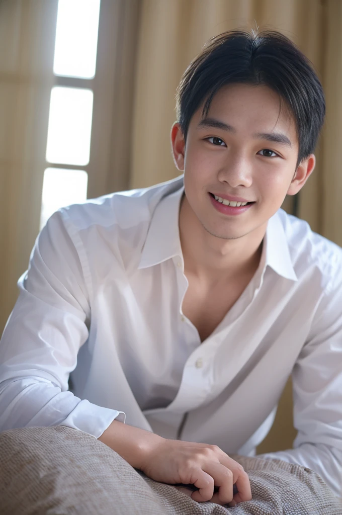 ((Highest quality, 8K, Masterpiece: 1.3))、Thailand Laos Burma Asia, Thai man, A handsome Asian rugby player with short hair, a muscular beard, and big muscles., １A man who has、 yo、Good appearance、Beautiful nose、smile、 Detailed eyes and face、beautiful light、(studio)、high resolution、（Look at the viewer.）、Fine mouth、smile、whole body: 1.5, perfect shape: 1.3, looking at camera ,Gray button-down shirt , bedroom sunlight looking at the sea