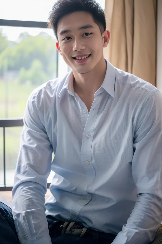 ((Highest quality, 8K, Masterpiece: 1.3))、Thailand Laos Burma Asia, Thai man, A handsome Asian rugby player with short hair, a muscular beard, and big muscles., 1A man who has、 yo、Good appearance、Beautiful nose、smile、 Detailed eyes and face、beautiful light、(studio)、high resolution、(Look at the viewer.)、Fine mouth、smile、whole body: 1.5, perfect shape: 1.3, looking at camera ,Gray button-down shirt , bedroom sunlight looking at the sea