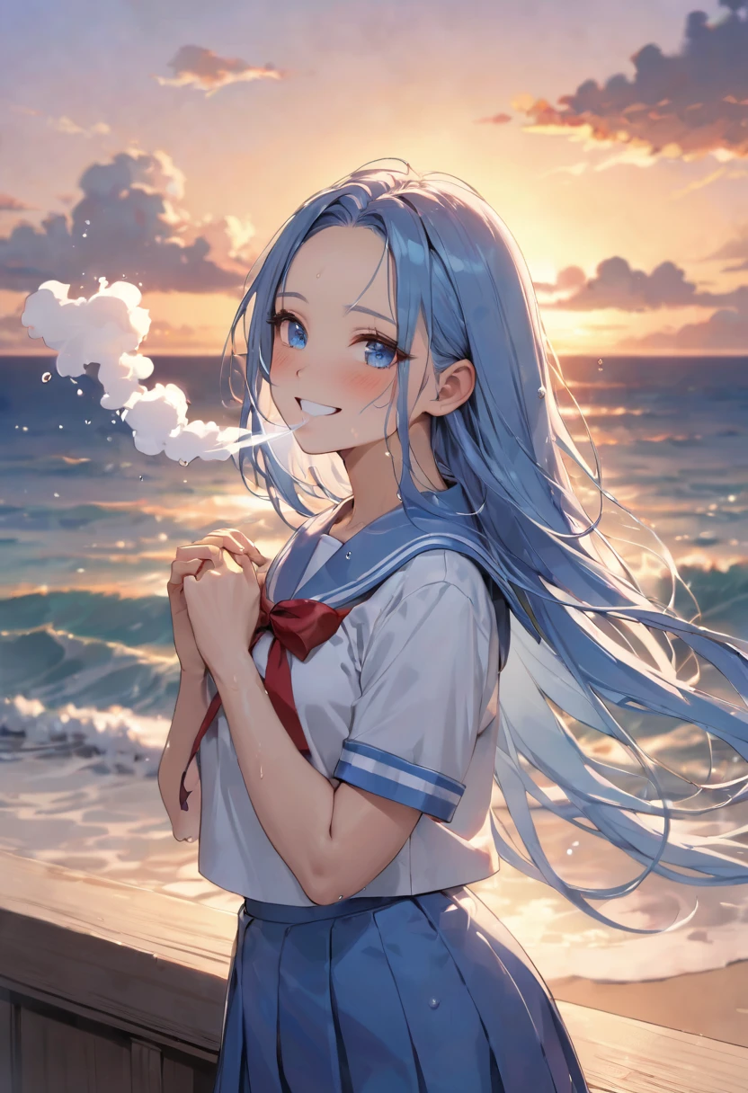 (Cool down style) (Blowing air with own hands to own), (solo:2, 15 yo forehead blue hair, long hair cute girl, lovely blue eyes, sweaty skin, glossy mouth, grin smile), in a summer school sailor suit, skirt, red ribbon, break, in the Nagahama at sunset, background beautiful Evening sea, BREAK, perfect anatomy, masterpiece, best quality, 16k, beautiful detailed evening, daydreaming expression.
