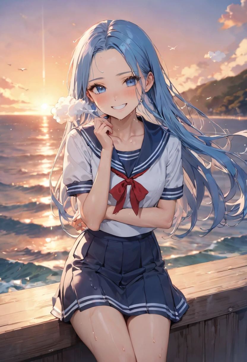 (Cool down style) (Blowing air with own hands to own), (solo:2, 15 yo forehead blue hair, long hair cute girl, lovely blue eyes, sweaty skin, glossy mouth, grin smile), in a summer school sailor suit, skirt, red ribbon, break, in the Nagahama at sunset, background beautiful Evening sea, BREAK, perfect anatomy, masterpiece, best quality, 16k, beautiful detailed evening, daydreaming expression.