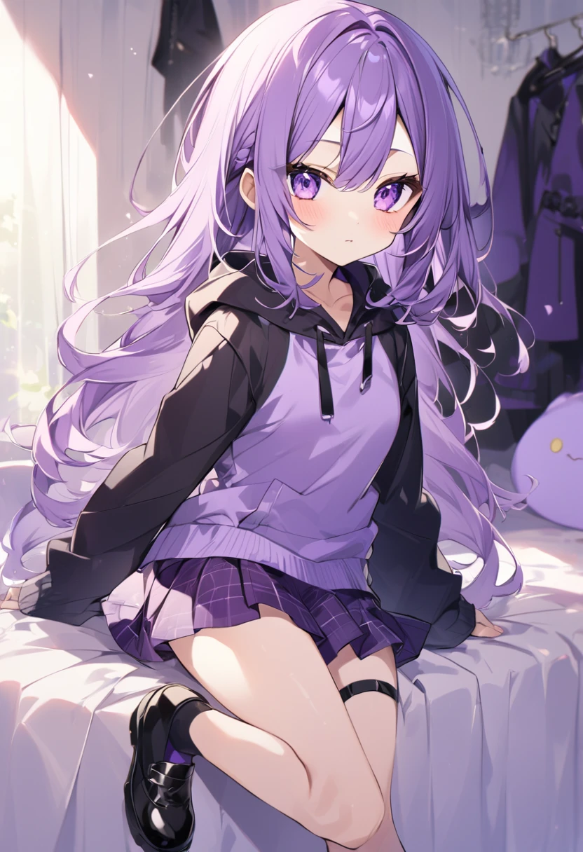 Keito。Purple Eyes。Purple Hair。Purple Skirt。Black shoes下。Black shoes。Purple hoodie。Purple Bed