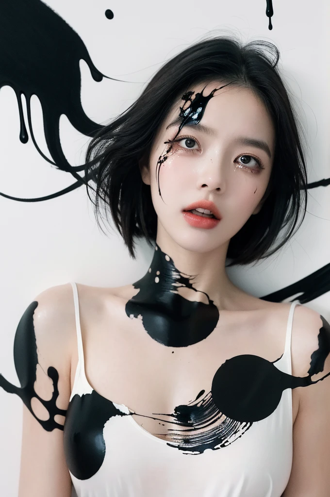 (masterpiece, best quality), abstract:1.3, art, drawing of a young woman, upper body, floating torso, crying, black liquid eyes, in center cream paper, clevage, shirt, black ink medium, medium hair style, facing veiwer, dripping ink, (glossy), ink splatters,