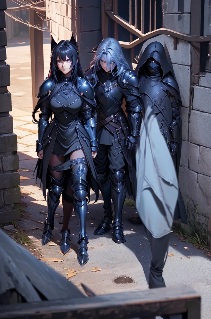 two toned hair, pink hair, black hair, cat girls, blue eyes, long wavy hair,, cat girl, blue eyes, armor, nights armors cat girl, blue eyes, armor (sexy body),((Detailed dark fantasy armor dress:1.5)),((intricate detailes,detailed dress)), (Beautiful dress in every detail),