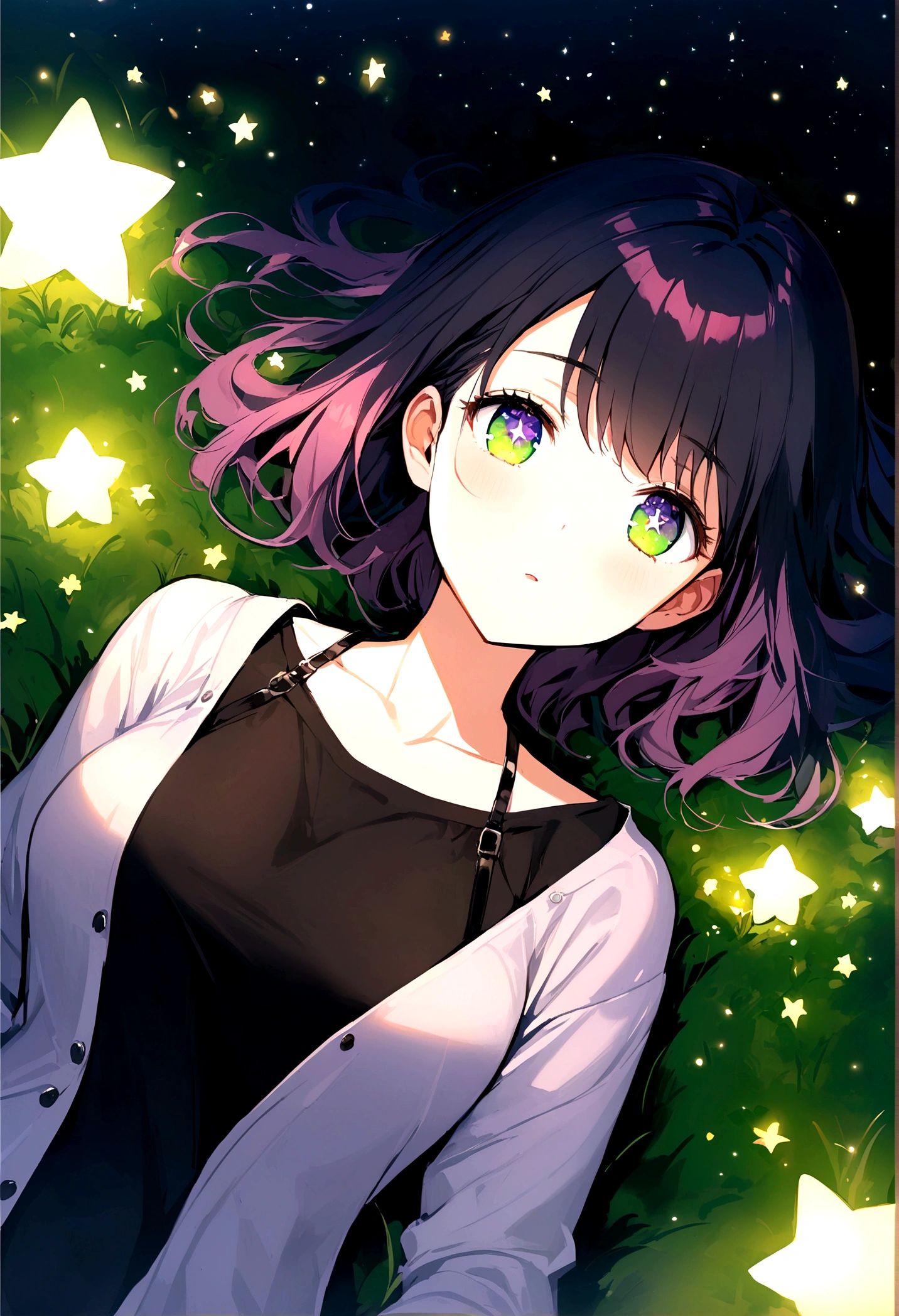 (Artwork, high quality)), (1 girl), (Alone), (feminine focus), (straight pink hair), (bright green eyes), lying on the grass, (1 boy), (black hair), (deep dark purple eyes), (casually dressed), (both looking at the starry sky), (stars reflecting in their eyes), (atmosphere of serenity and reflection).
